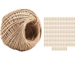Houten Wasknijpers - Knutselclips Decoratie - Was ophangen - Duurzaam Natuurlijk Materiaal - 250 Stuks Jute Touw - Natuurlijk Hout
