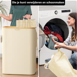 SpaceAid Dubbele Wasmand - 2 Vakken - Met Deksel & Afneembare Tassen - 160L - Bamboe Handvatten - Opvouwbaar - Beige — thumbnail 5