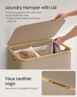 Wasmand – Oxford-stof – Camelbruin – 2 vakken met deksel en uitneembare mesh-voering — thumbnail 4