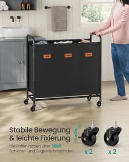 ELYSIVM Wasmand - Wasmand met 3 vakken - Wasmand met wieltjes - incl. 5 labels - Afneembare waszak - 170 L - tot 15 kg - 69x40x91cm - Zwart — thumbnail 4