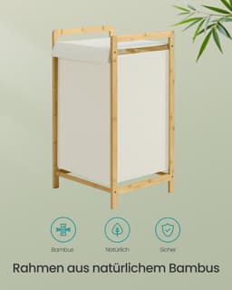 Wasmand – Met bamboe frame – Twee compartimenten – Afneembaar deksel – 100 L – Crèmewit – 45 x 40 x 78 cm — thumbnail 4