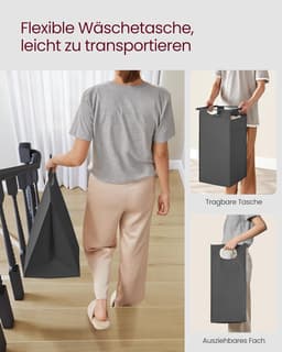 Furnstar Wasmand - Wasverzamelaar met plank - Wasbox - Afneembare waszak van Oxford weefsel - 3 vakken - Metalen frame - 120L - 92,5 x 33 x 72 cm - Leigrijs Antracietgrijs — thumbnail 5