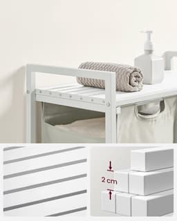 Conway Living® Wasmand 2 Vakken – Uitschuifbare Wassorteerder met Plank - 73 x 33 x 72 cm - Wasmanden - Wasbox Metaal - Wit — thumbnail 4