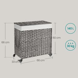 Wasmmand vuile wasmand rietstijl geweven wasmand met 3 compartimenten, uitneembare voering, handgrepen en deksel, geschikt voor woonkamer, badkamer en wasruimte, 66 x 33 x 60 cm, grijs. — thumbnail 2