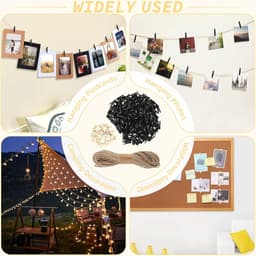 Pack van 200 Houten Klemmen - Kleine Zwarte Natuurlijke Kledingklemmen - Hout met 20 m Jute Touw en 15 Foto Naalden - Mini Wasknijpers voor Foto's - Foto Wand - Postkaarten - Brieven — thumbnail 3