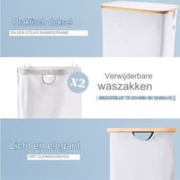 Dubbele wasmand met deksel en afneembare waszakken - XXL 150 L - Beige - 2 secties - Wassorteerder met 2 compartimenten - Bamboe — thumbnail 5
