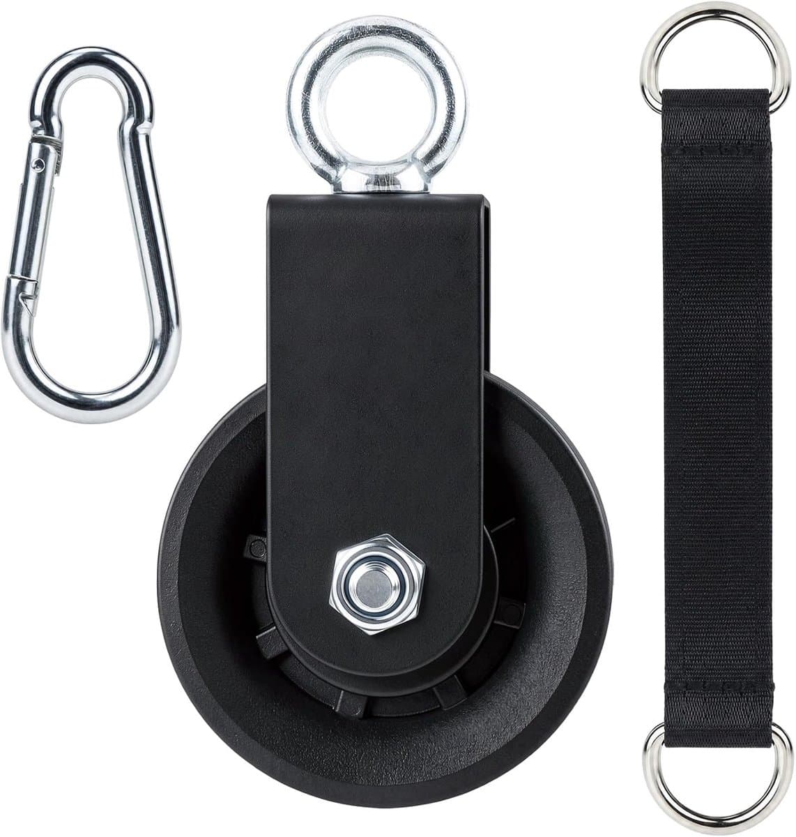 90mm keerrol touwrol met hijsband karabijn, geleiderol 360° zwenkbaar, poeliesysteem draaibaar voor schommel, waslijn - ShopVlot — afbeelding 1