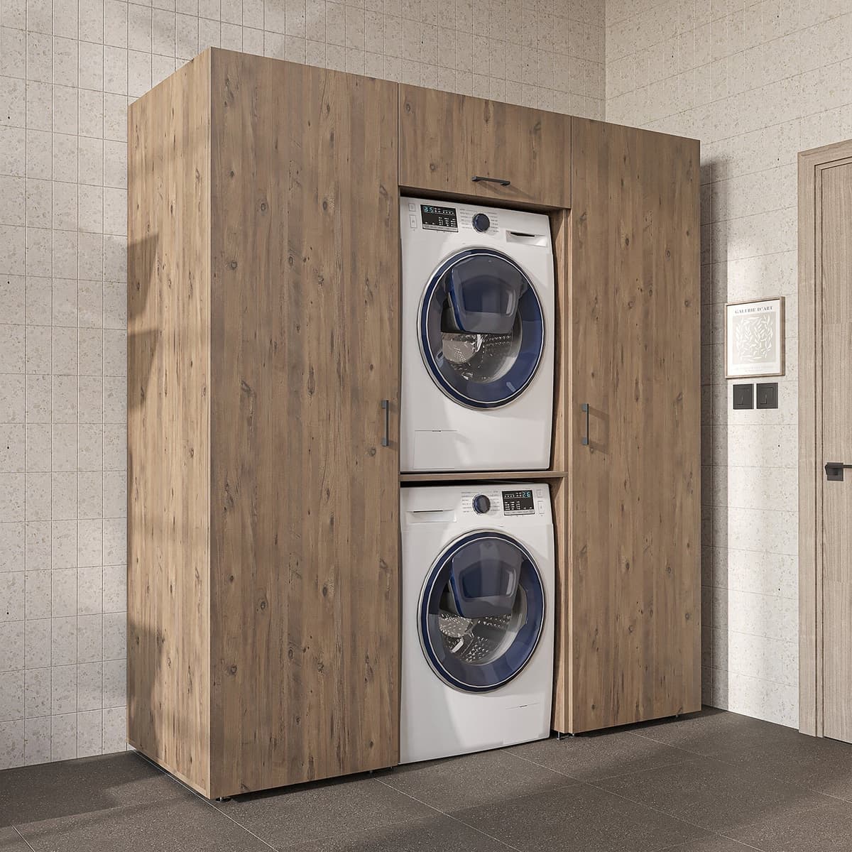 Roomart DUO-I Wasmachine Ombouwkast 187x205 cm - Kastenwand met 2 Hoge Kasten 60 - Eiken — afbeelding 1