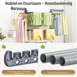 Wasrek Inklapbaar op Wieltjes - Droogmolen - Droogtoren Staand - Grijs / Zwart — thumbnail 5