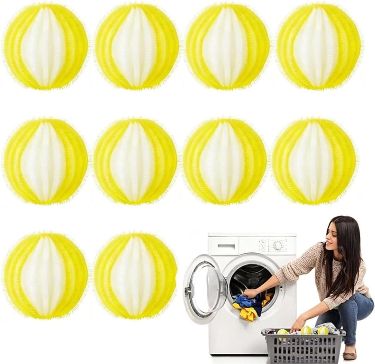 10 anti-pluisballen voor wasmachine, kleur geel en wit, materiaal nylon, diameter 3,5 cm, voor het verwijderen van pluisjes van kleding — afbeelding 1