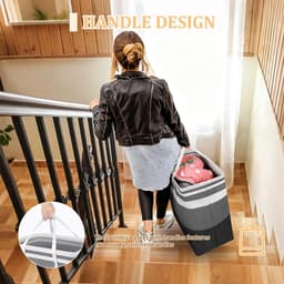75L, katoen en linnen wasmanden met handgrepen voor slaapkamers, badkamers, woonkamers, opvouwbare wasmand voor huishoudelijke artikelen, kleding, speelgoed, zwartgrijze strepen, waterdichte — thumbnail 5