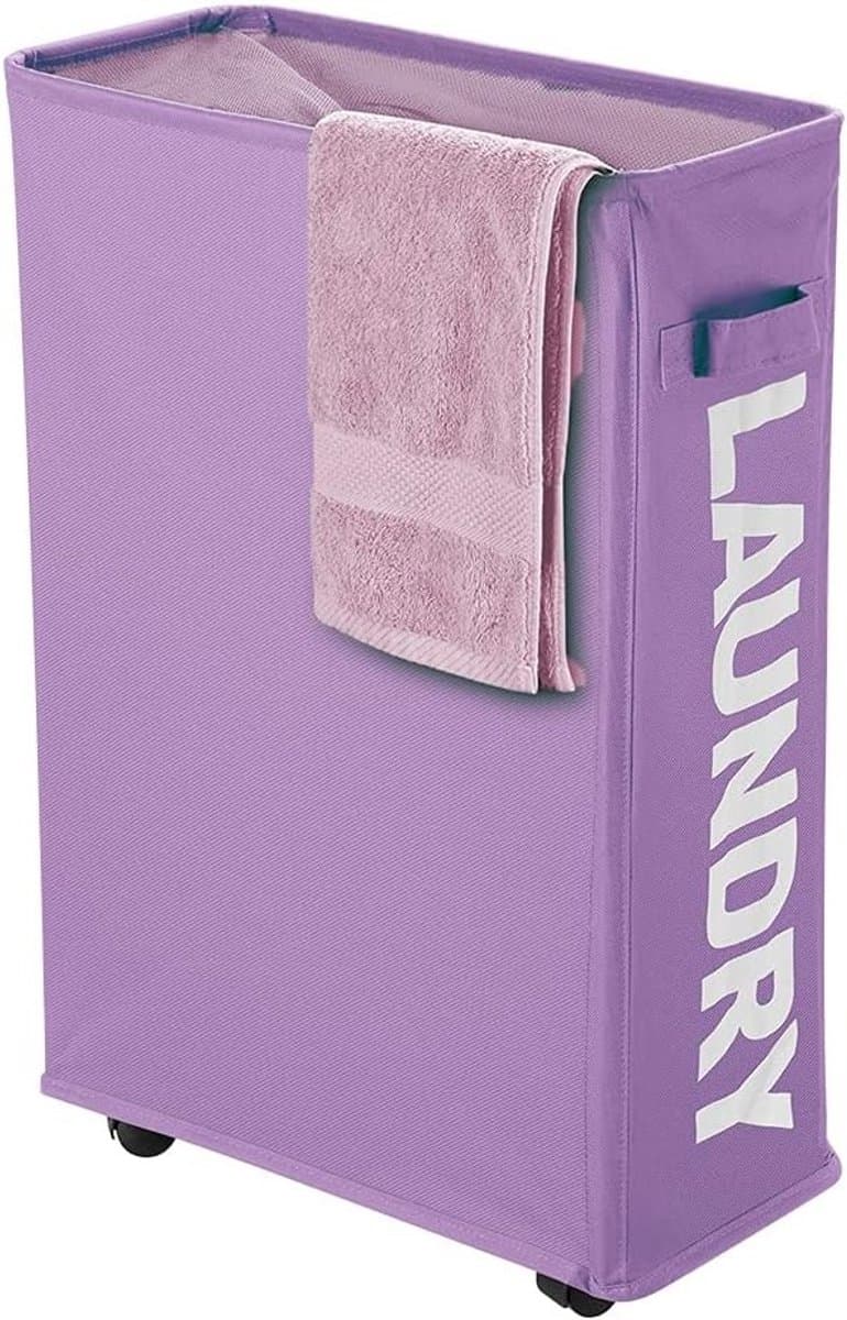 Vouwbare wasmand van 40 liter met wielen - Dunne wasmanden met handvatten voor kleren, ruimtebesparende opbergzakken voor vuile was in slaapkamer, woonkamer en badkamer (Paars) — afbeelding 1