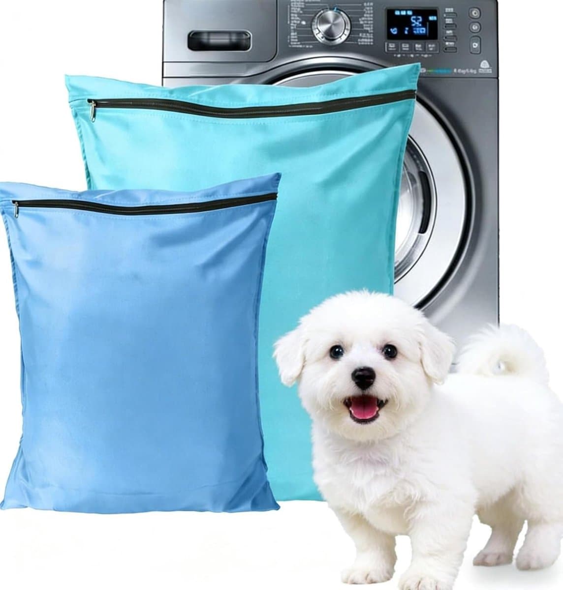 Waszak voor Huisdieren - Lichtblauw en Grijs Blauw - Voorkomt Verstoppen van de Wasmachine - Beschermt Kleding en Waskorf - Voor Honden en Katten — afbeelding 1