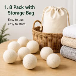 SnelShoppen - Droogballen Wol 8 Stuks 7 cm Herbruikbaar voor Wasdroger met Opbergtas 100% Schapenwol voor Donsjacks Beddengoed Handdoeken en Kleding — thumbnail 2