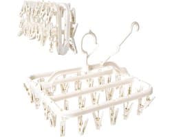Opvouwbaar droogrek met 32 droogklemmen, winddichte haken, ondergoedhanger, kunststof wasklemmen voor sokken en bh's (wit)