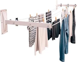 Wandwaslijn - Wasrek buiten - Kleding drogen - Zes roestvrij staal katrollen - 45 cm breed - Wit — thumbnail 1