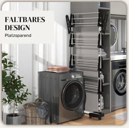 MEUNIQ Droogtoren 142 x 55 x 172 cm met 5 niveaus, inklapbaar wasrek met verstelbare zijstang, 6 wielen en draagvermogen 30 kg voor binnen, zwart en zilver — thumbnail 2