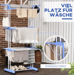 MEUNIQ Droogtoren 73 x 64 x 177 cm 4 niveaus met wielen en ophaakhaken uitklapbaar vrijstaand wasrek voor binnen en buiten staal blauw — thumbnail 2