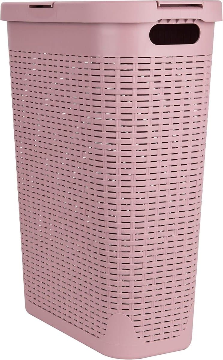 Slanke Wasmand - Kledingmand Deksel - Opbergen Kleding - Geventileerde Constructie - 40 Liter Capaciteit - Roze — afbeelding 1