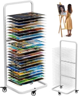 SnelShoppen - Heavy Duty Kunst Schilderij Droogrek - Metaal Droogstand met 25 Verwijderbare Planken - Mobiele Canvas Opslag met Slotwielen voor Klasc — thumbnail 1
