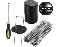haken 50 stuks grondankers+50 stuks sluitringen, grondankers voor onkruiddoek met een haak,U-vormige grondnagels 150x40mm - Ø2,5mm voor tuinen,kunstgras,kamperen,buisbevestiging (101)