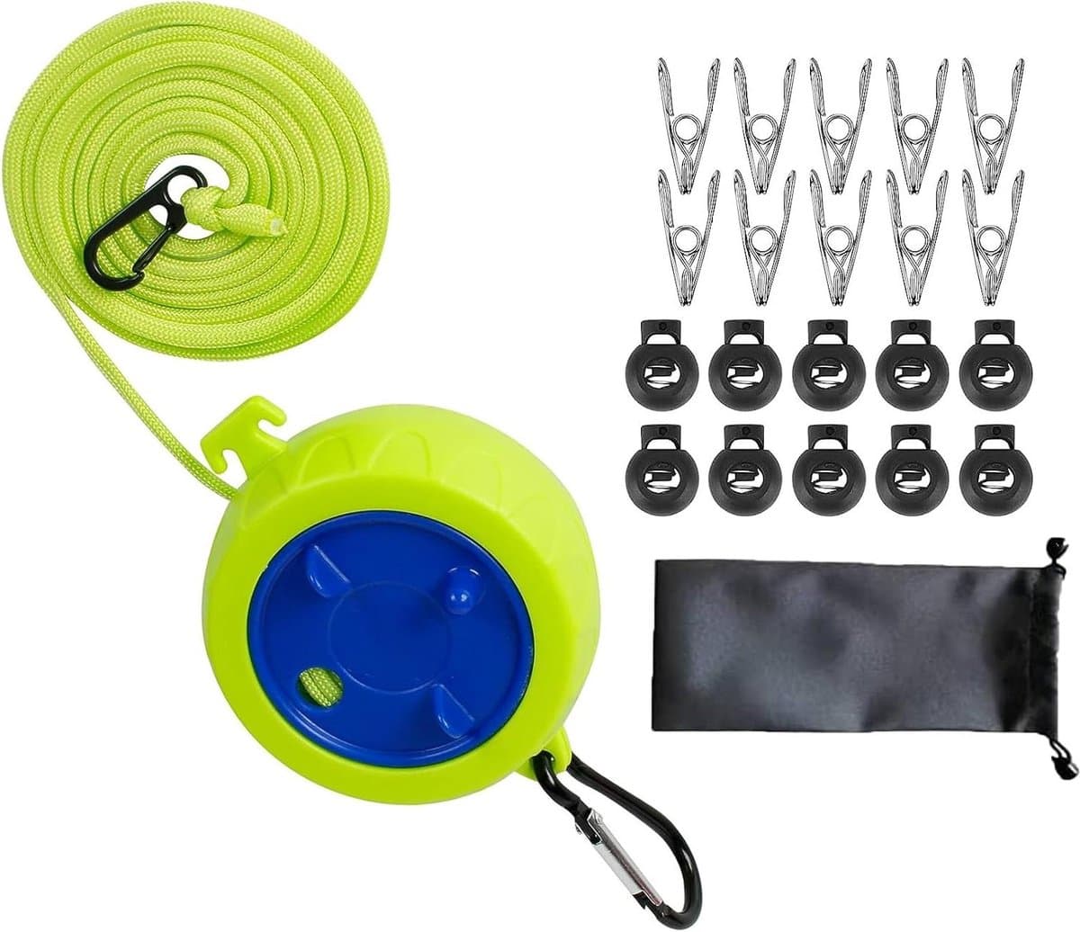 10m Retractable Portable Anti-Wrap Travel Clothesline Adjustable Camping Clothesline with 10 Fixed Buckles and 20 Clothespins (with Storage Bag) — afbeelding 1