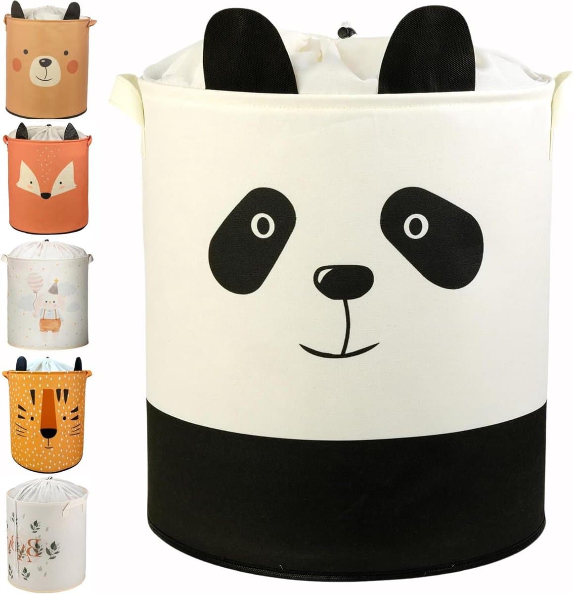 Opvouwbare cilindrische linnen wasmand - Grote opbergmand voor babykamer speelgoed dekens en kleding - Panda-motief — afbeelding 1