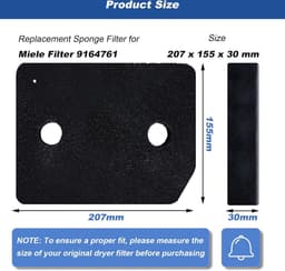 4 stuks- Droger Filter Sponsfilter - geschikt voor Miele 9164761 Warmtepompdroger - 207 x 157 x 30 mm Droger Pluizenfilter Sponsfilter — thumbnail 3