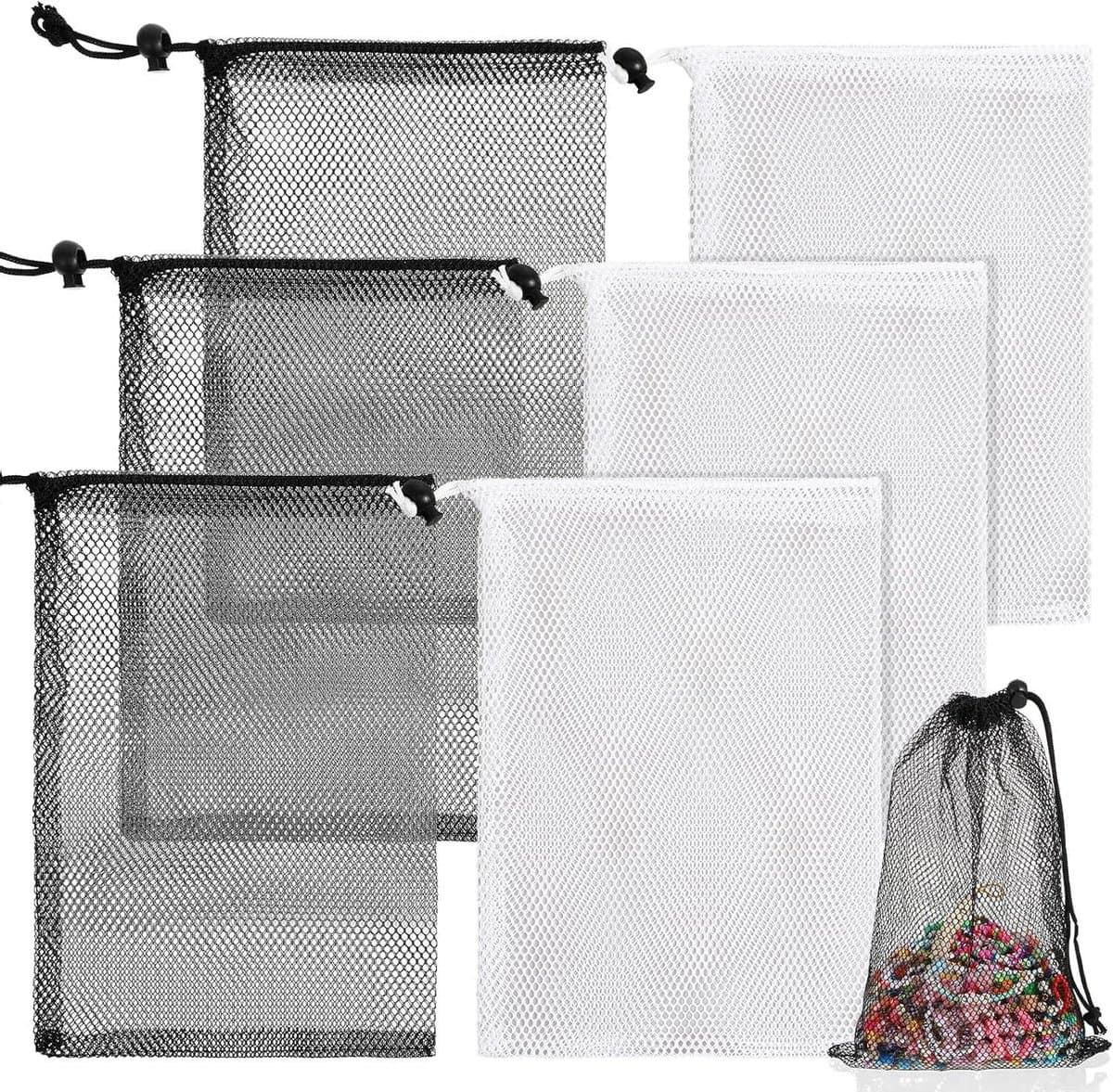 Allecto Plus - 6-delige Set Mesh Trekkoord Zakken voor Delicate Waszakken - Ideaal voor Reizen, Strand en Speelgoed - Zwart Wit - 30x20cm — afbeelding 1