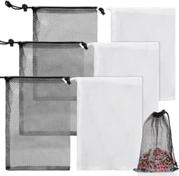 Allecto Plus - 6-delige Set Mesh Trekkoord Zakken voor Delicate Waszakken - Ideaal voor Reizen, Strand en Speelgoed - Zwart Wit - 30x20cm — thumbnail 1