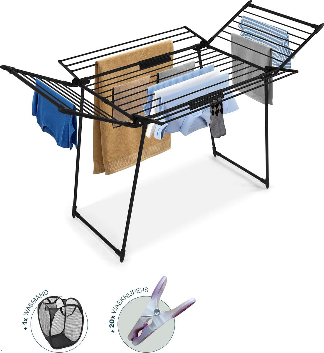BAUER & MEYER® Droogrek Classic - Wasrek Inklapbaar - Incl. 20 wasknijpers + 1x wasmand - 25 Meter drooglengte + 30kg draagkracht - Zwart — afbeelding 1