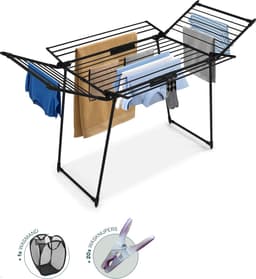 BAUER & MEYER® Droogrek Classic - Wasrek Inklapbaar - Incl. 20 wasknijpers + 1x wasmand - 25 Meter drooglengte + 30kg draagkracht - Zwart — thumbnail 1