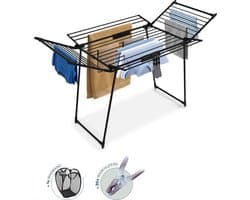 BAUER & MEYER® Droogrek Classic - Wasrek Inklapbaar - Incl. 20 wasknijpers + 1x wasmand - 25 Meter drooglengte + 30kg draagkracht - Zwart