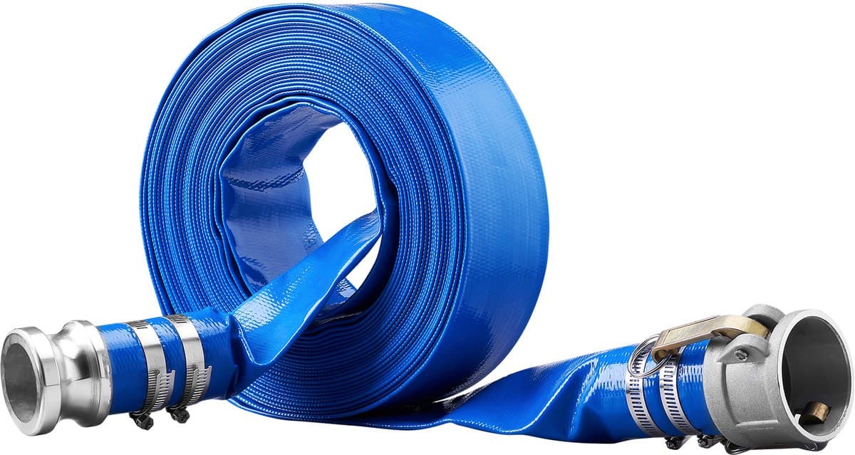 VEVOR Industrieslang 50,8mmx15,24m Platte Slang PVC Brandslang 58 PSI (4 Bar) Werkdruk Rioolslang 174 PSI (12 Bar) Barstdruk Bouwslang met Camlock C/E Aansluitingen, 4 Klemmen, Blauw — afbeelding 1