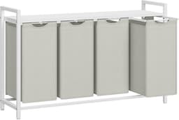 Wasmand 4-vaks sorteermand 116×33×72 cm Wit-grijs Met uittrekbare en afneembare waszakken Lattenrek voor ventilatie Stevig metalen frame Geschikt voor wasruimte, badkamer en slaapkamer — thumbnail 5