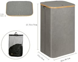 Wasmand - met afneembare waszak - Oxford-stof - bamboe handvat - opvouwbaar - 40,5*33*73 cm -Grijs — thumbnail 3