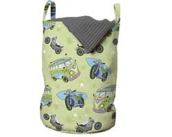 ABAKUHAUS Hippie waszak met motorfietsen en retrobussen, wasmand met handvatten en trekkoordsluiting voor wasserettes, 33 cm breed × 49 cm hoog, lichtgroen multicolor