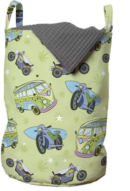 ABAKUHAUS Hippie waszak met motorfietsen en retrobussen, wasmand met handvatten en trekkoordsluiting voor wasserettes, 33 cm breed × 49 cm hoog, lichtgroen multicolor — thumbnail 1