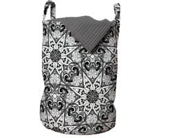 ABAKUHAUS Mandala-waszak, Oostaziatisch patroon, wasmand met draaggrepen, koordsluiting, voor wasserettes, 33 cm breed x 49 cm hoog, zwart-wit