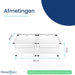 Wasophoogte® Wasmachine verhoger met lade en plateau - Dubbele wasmachine opbouwmeubel - Wasmachine sokkel - 42cm hoog - Wit - Universeel - 65*60,5 (LxB) - Inclusief wandbeugels — thumbnail 5