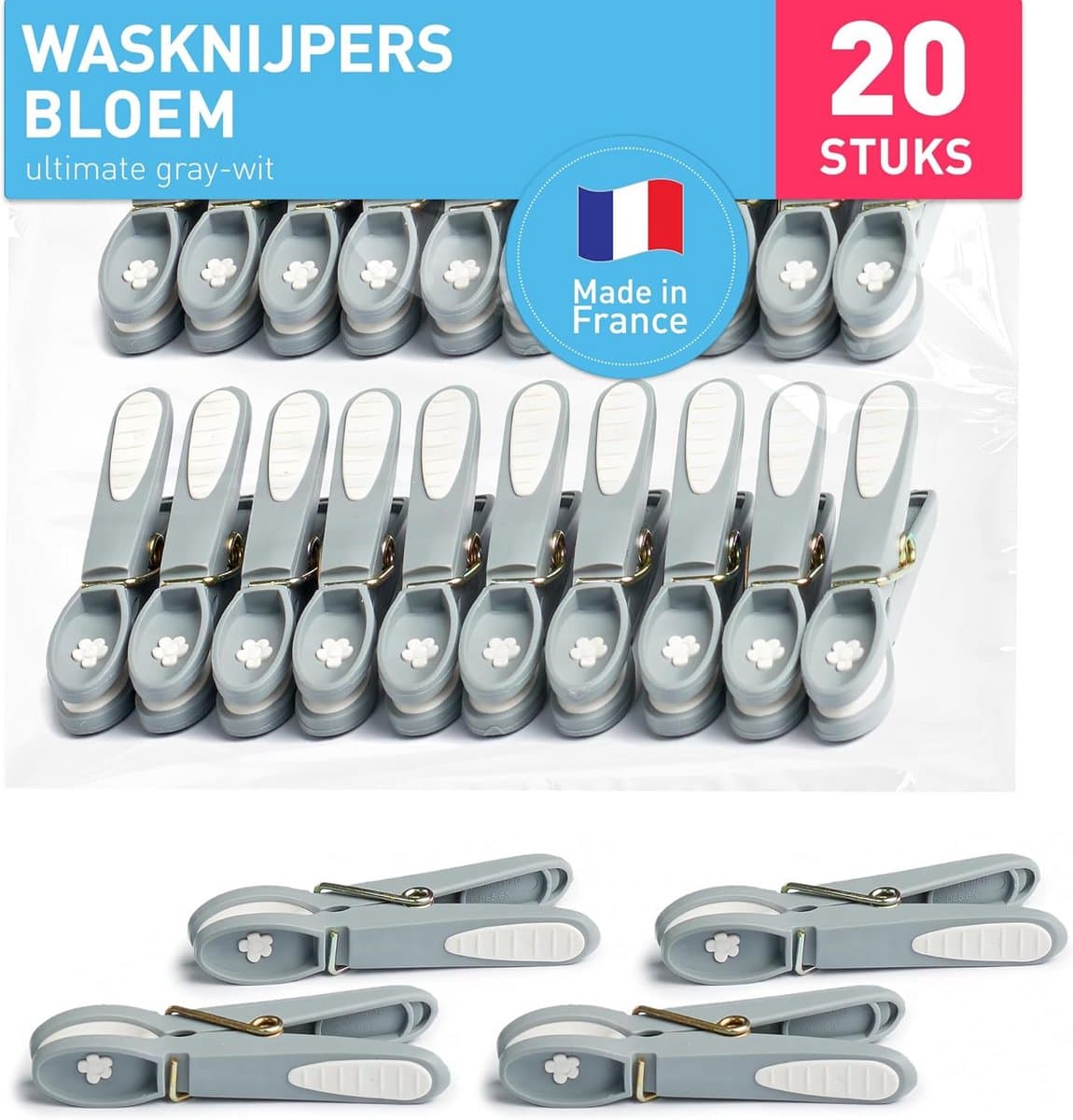 Wasknijpers zonder afdruk met bloemmotief - 20x grijze knijpers met soft grip — afbeelding 1