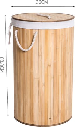 Grote Ronde Bamboe Wasmand met deksel - 80 L - Wasmand 1 Vak met stoffen waszak - Opvouwbaar - Wassorteerder Rond — thumbnail 2