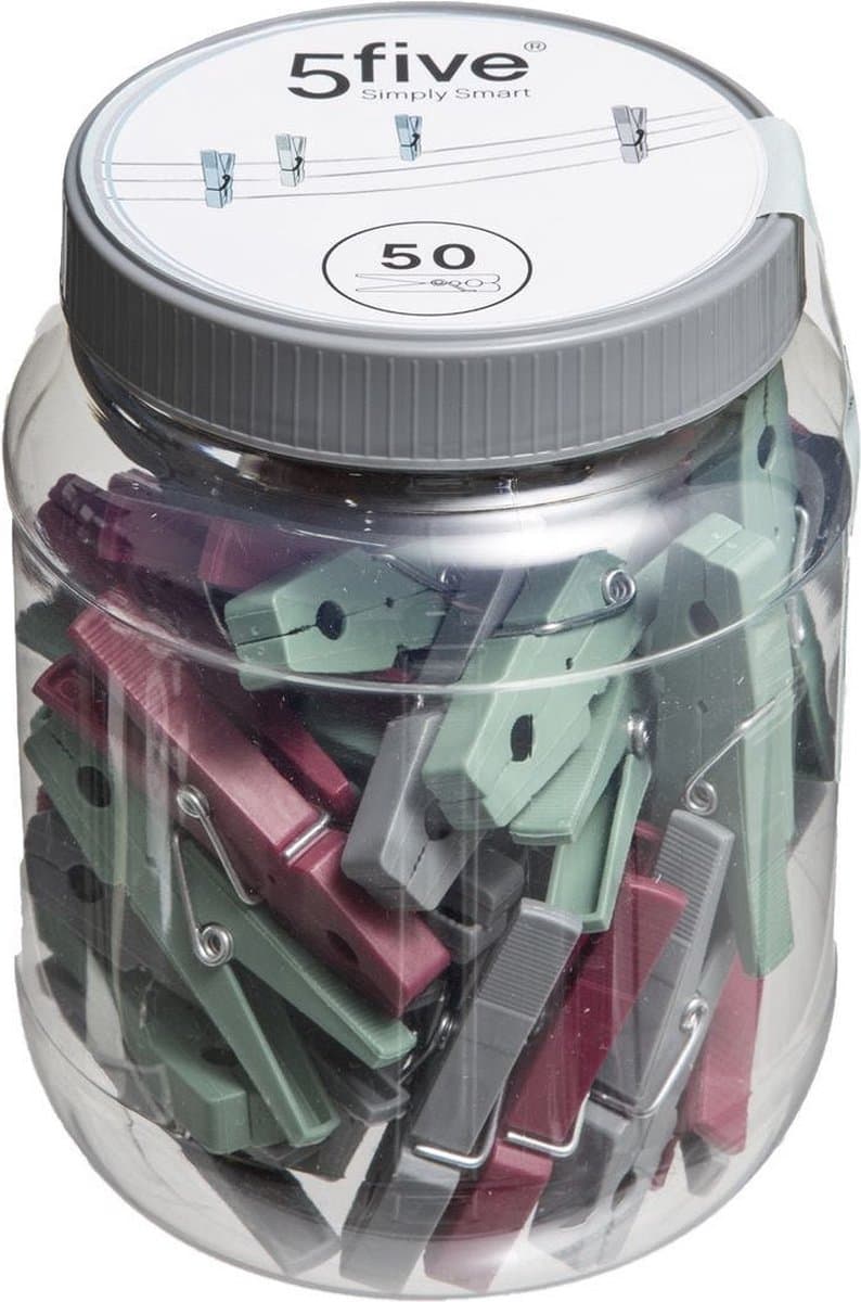 5Five pot met wasknijpers - 50x stuks - rood, groen en grijs - 7,5 cm - kunststof - Was ophangen - Was knijpers — afbeelding 1