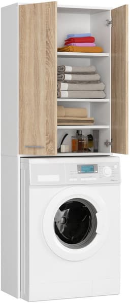 Badkamerkast voor Wasmachine FIN / Hoge Wasmachinekast met 2 Deuren / AKORD Furniture Factory / Wit - Sonoma Eik / 64 x 180 x 30 cm — thumbnail 4