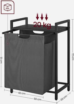 Wasmand, wasemmer met plank, waskast, oxford stof wasstas uitbreidbaar, verwijderbaar, metalen frame, 65 l, 50 x 33 x 72 cm, zwartgrijs — thumbnail 2