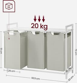 ACAZA Wasmand 3 vakken - 114 L - Wit - 92,5 x 33 x 71 cm — thumbnail 2