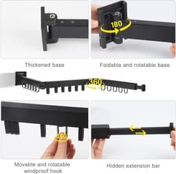 Uittrekbaar en Inklapbaar Wanddroogrek met 18 Ophanghaken en 3 Vouwarmen - Perfect voor Balkon en Badkamer — thumbnail 4