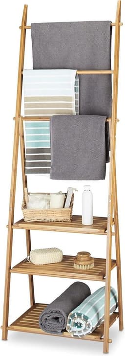 Inklapbaar bamboe handdoekrek badkamerrek - 3 planken 3 stangen 4 haakjes - HxBxD: 152x53x31 cm natuur Wasmachine rek — thumbnail 1