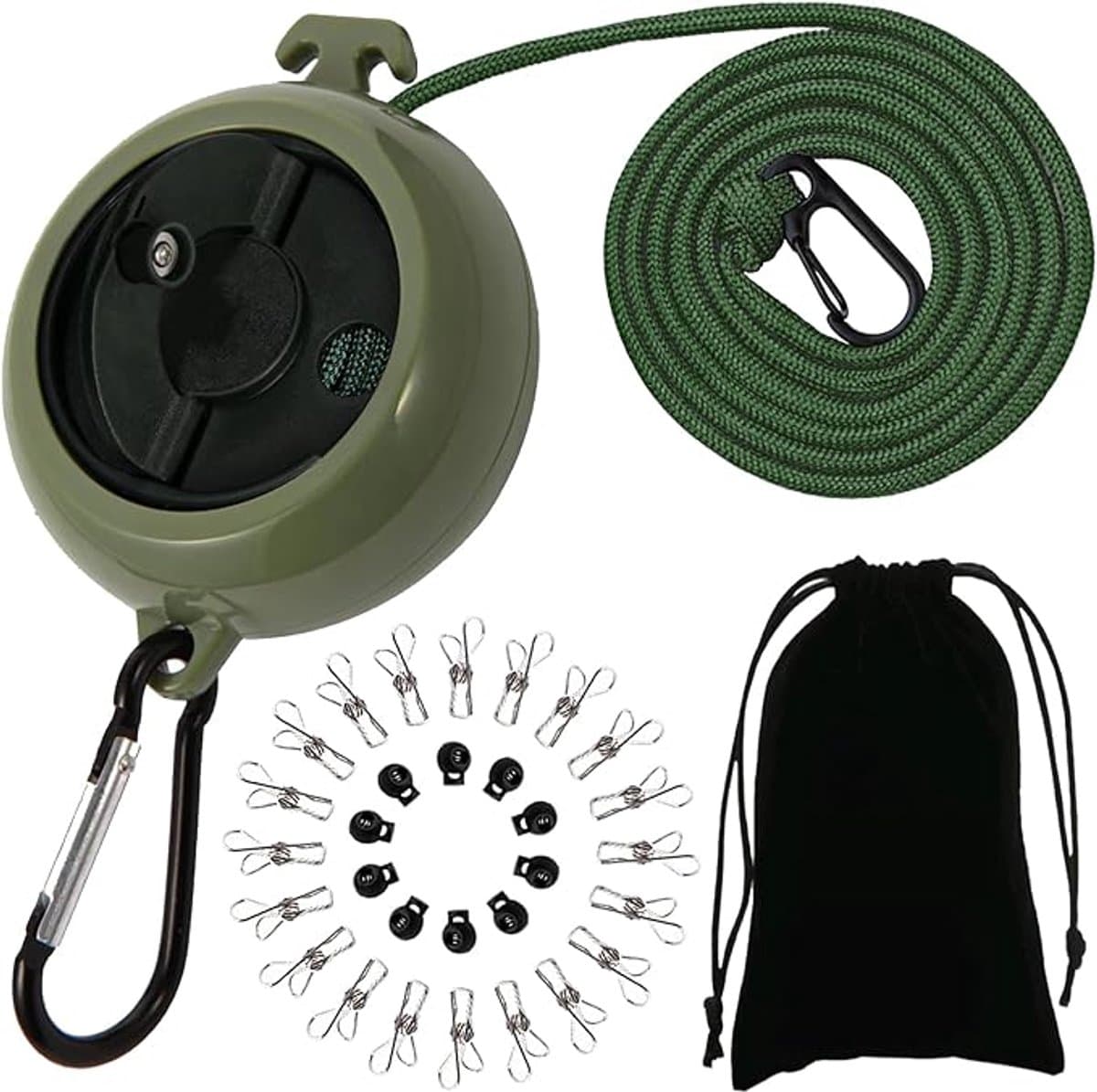 Uittrekbare Waslijn, Antislip Draagbare Waslijn, Reiswaslijn 10m, 10 Vasthoudlussen en 20 Knijpers, voor Buitenlucht Kamperen Reis Accessoires (Groen-A) — afbeelding 1