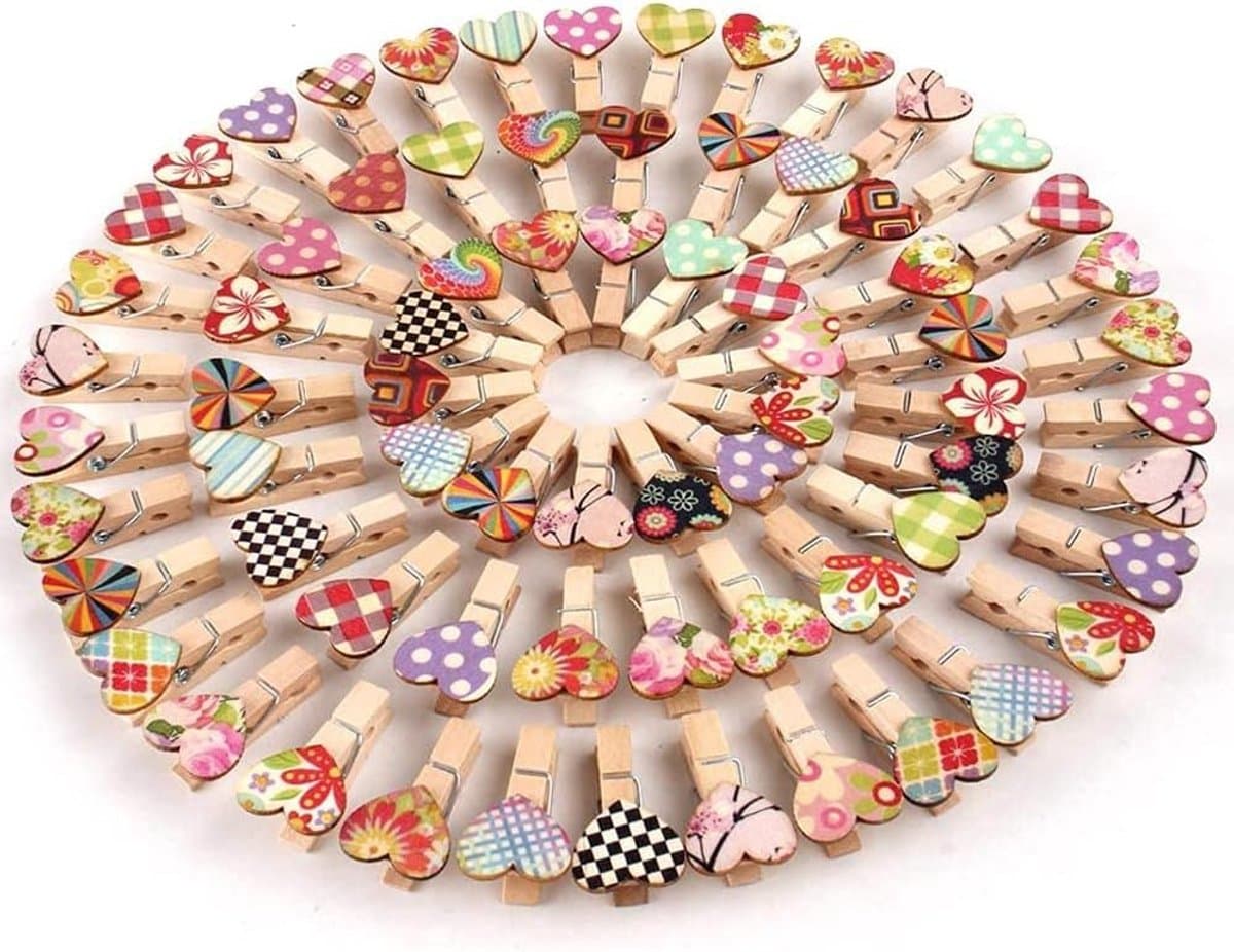 100 Mini Kledingknijpers voor Creatieve Klussen met Hartjes - Perfect voor Hobby, Decoratie en DIY Projecten — afbeelding 1